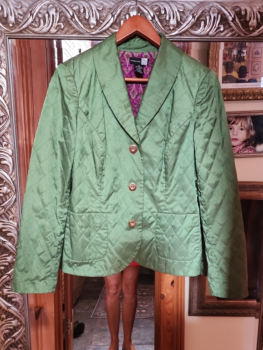 Saks Fifth Avenue Quilted Emerald Green Blazer,Button Front, Purple Silk Lining
